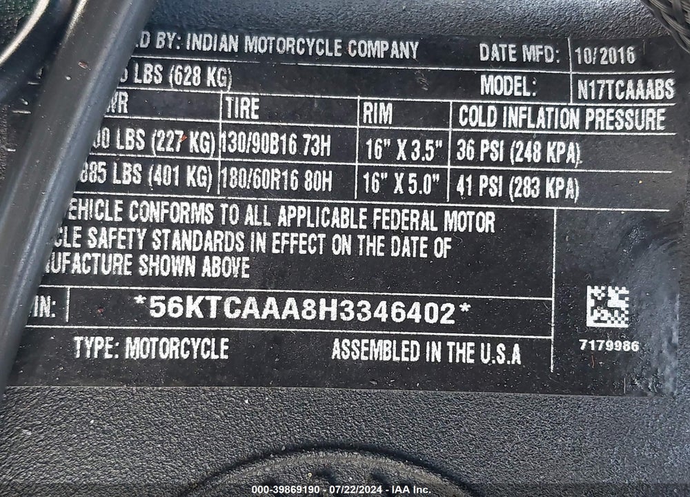2017 INDIAN MOTORCYCLE CO. CHIEFTAIN VIN: 56KTCAAA8H3346402