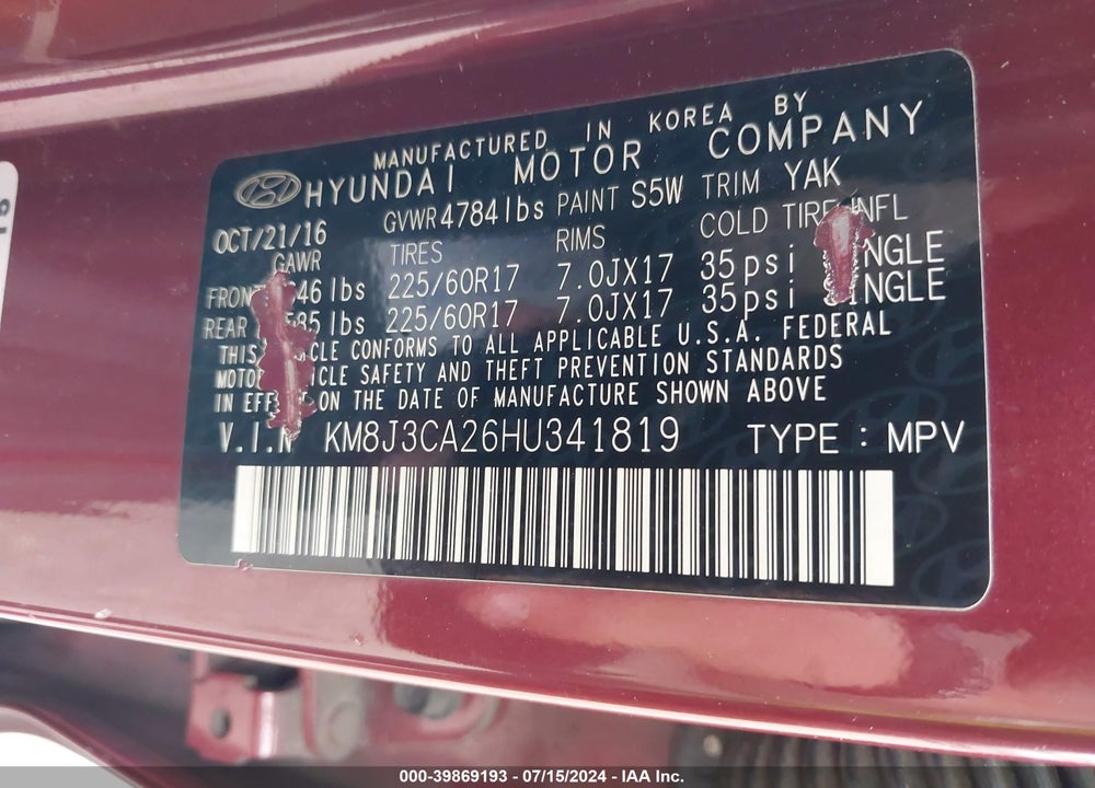 2017 HYUNDAI TUCSON ECO VIN: KM8J3CA26HU341819