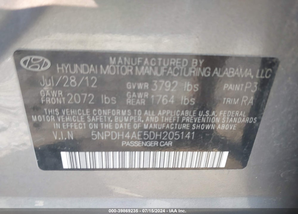 2013 HYUNDAI ELANTRA GLS VIN: 5NPDH4AE5DH205141