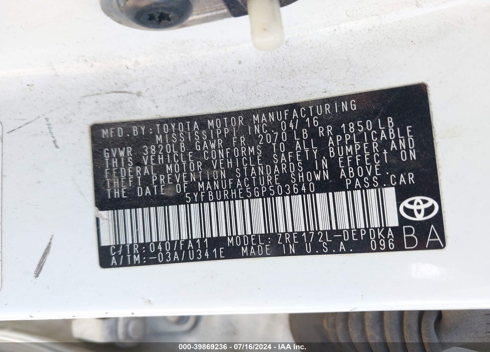 2016 TOYOTA COROLLA L VIN: 5YFBURHE5GP503640