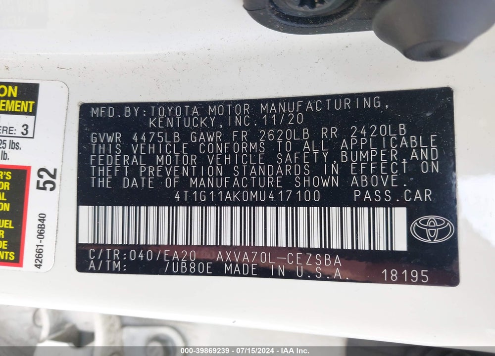 2021 TOYOTA CAMRY SE VIN: 4T1G11AK0MU417100