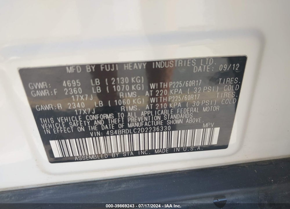 2013 SUBARU OUTBACK 3.6R LIMITED VIN: 4S4BRDLC2D2236330