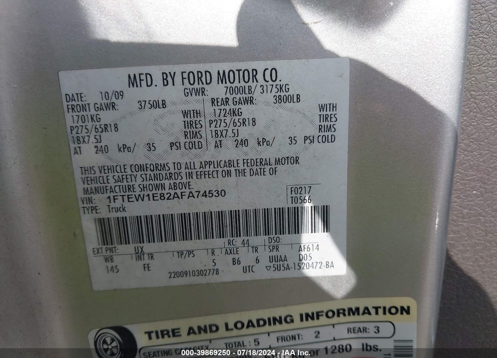 2010 FORD F-150 XL/XLT VIN: 1FTEW1E82AFA74530