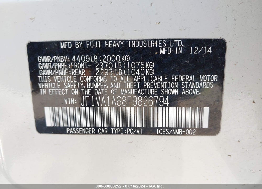 2015 SUBARU WRX VIN: JF1VA1A68F9826794