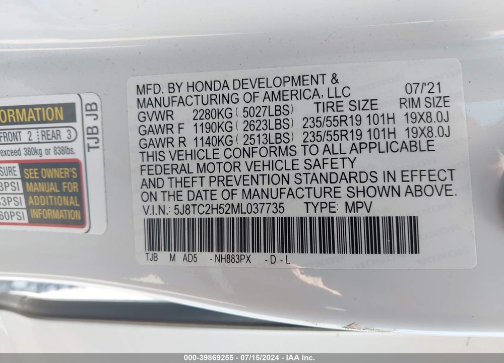 2021 ACURA RDX TECHNOLOGY PACKAGE VIN: 5J8TC2H52ML037735
