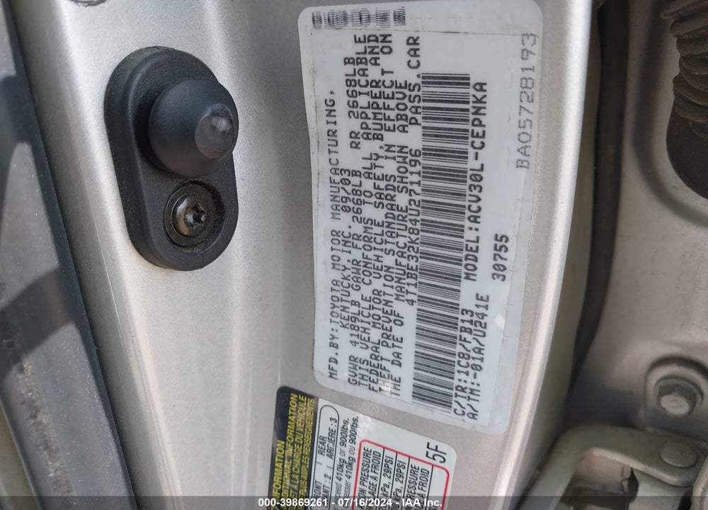 2004 TOYOTA CAMRY LE VIN: 4T1BE32K84U271196