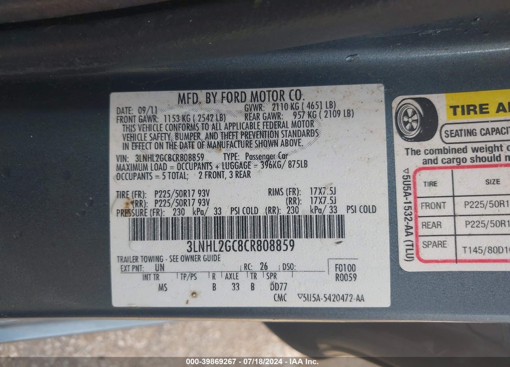 2012 LINCOLN MKZ VIN: 3LNHL2GC8CR808859