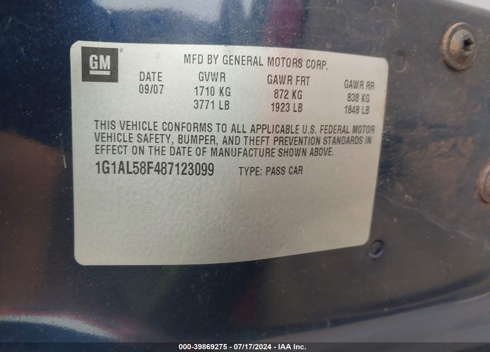 2008 CHEVROLET COBALT LT VIN: 1G1AL58F487123099