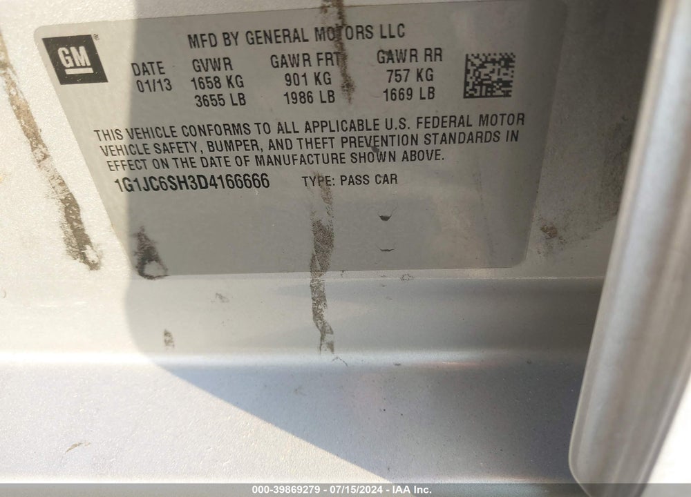 2013 CHEVROLET SONIC LT AUTO VIN: 1G1JC6SH3D4166666