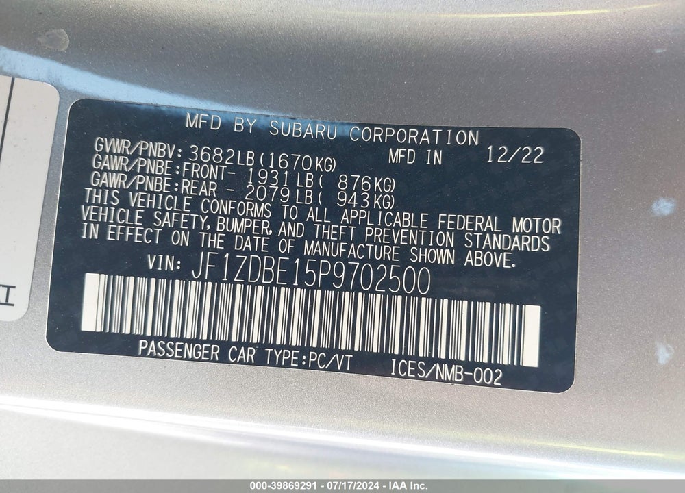 2023 SUBARU BRZ LIMITED VIN: JF1ZDBE15P9702500