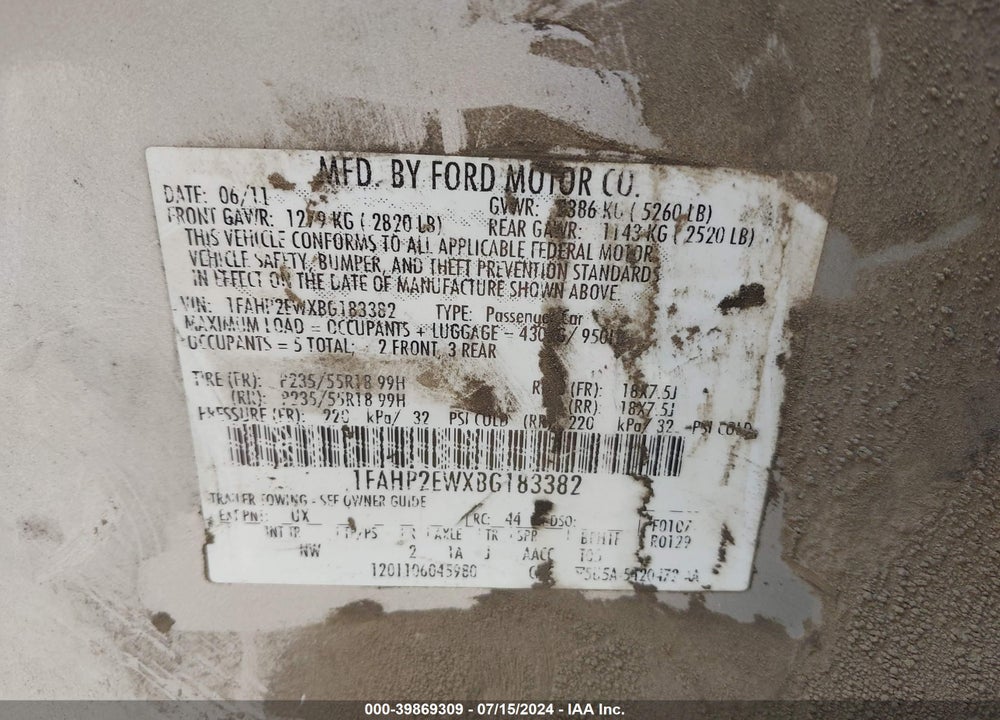 2011 FORD TAURUS SEL VIN: 1FAHP2EWXBG183382