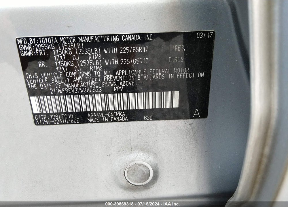 2017 TOYOTA RAV4 XLE VIN: 2T3WFREV3HW360923