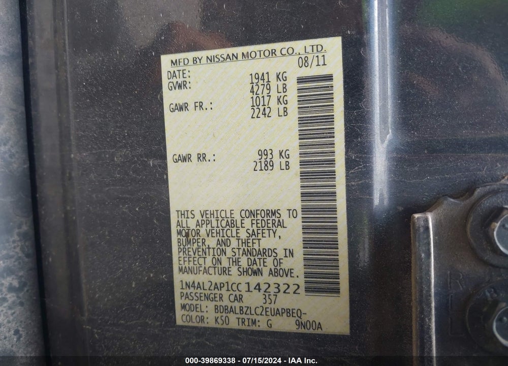 2012 NISSAN ALTIMA 2.5 S VIN: 1N4AL2AP1CC142322