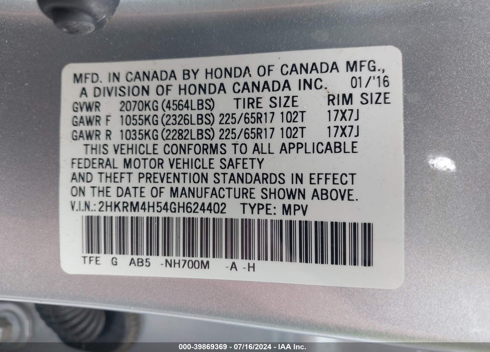 2016 HONDA CR-V EX VIN: 2HKRM4H54GH624402