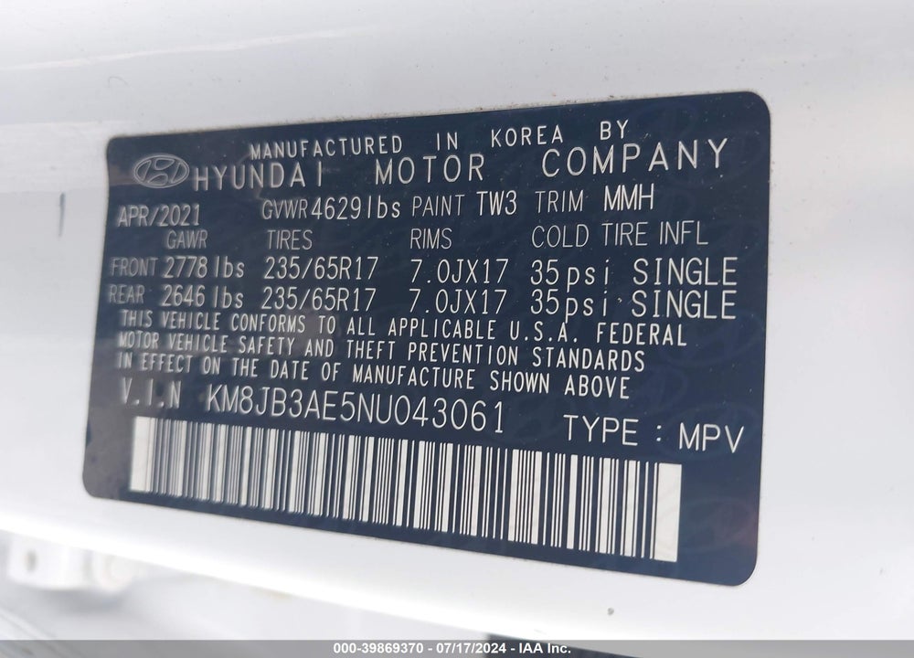 2022 HYUNDAI TUCSON VIN: KM8JB3AE5NU043061