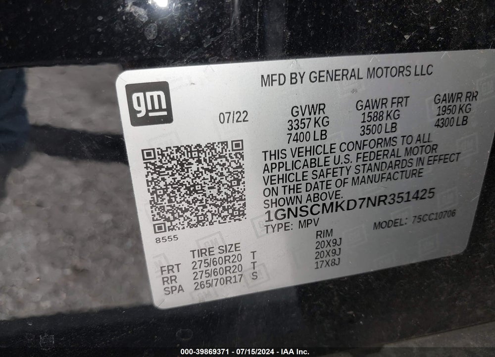 2022 CHEVROLET TAHOE 2WD LS VIN: 1GNSCMKD7NR351425