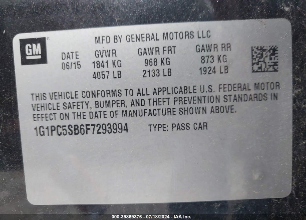 2015 CHEVROLET CRUZE 1LT AUTO VIN: 1G1PC5SB6F7293994