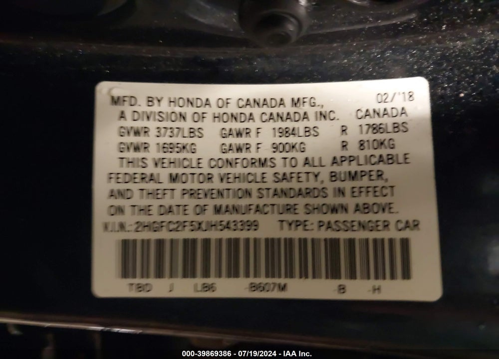 2018 HONDA CIVIC LX VIN: 2HGFC2F5XJH543399