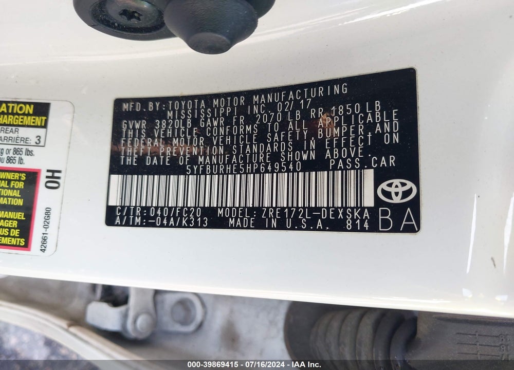 2017 TOYOTA COROLLA SE VIN: 5YFBURHE5HP649540