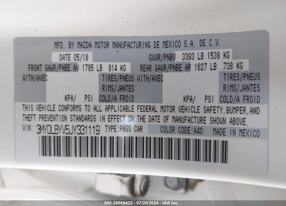 2018 TOYOTA YARIS IA VIN: 3MYDLBYV5JY331119