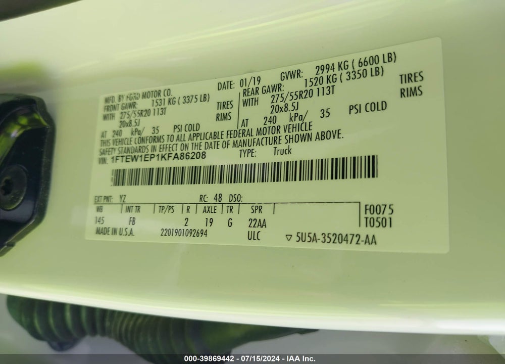 2019 FORD F-150 XLT VIN: 1FTEW1EP1KFA86208
