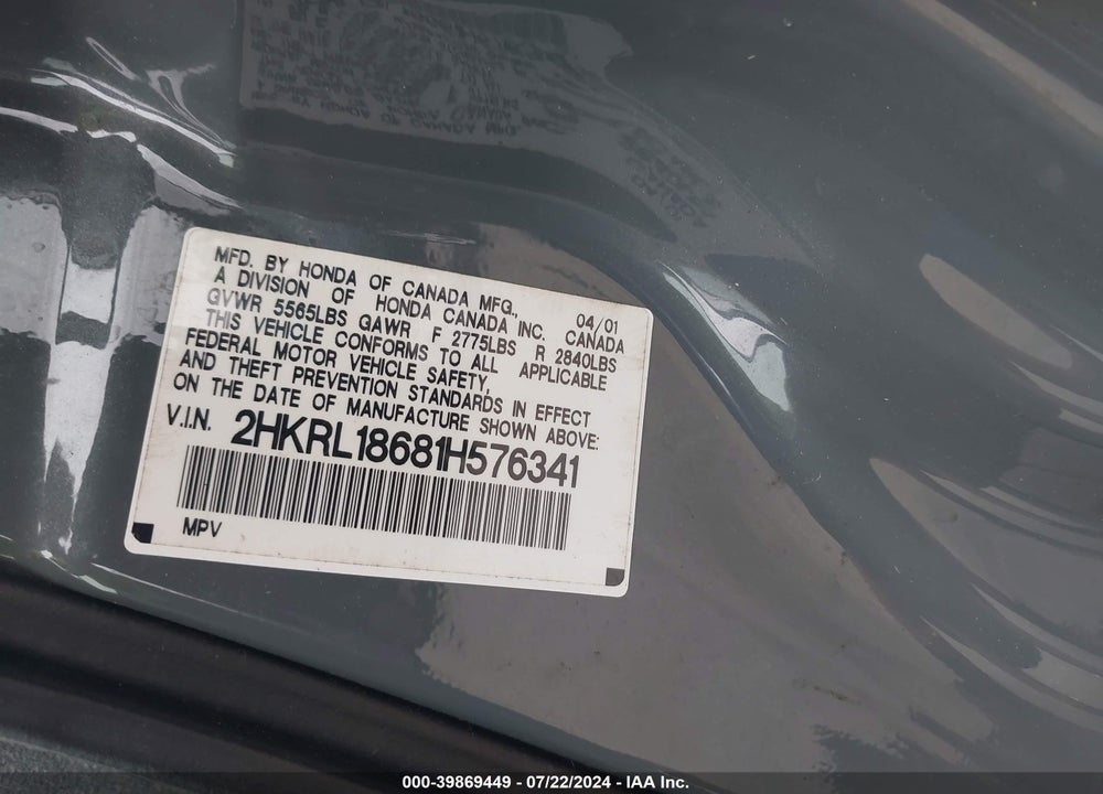 2001 HONDA ODYSSEY EX VIN: 2HKRL18681H576341
