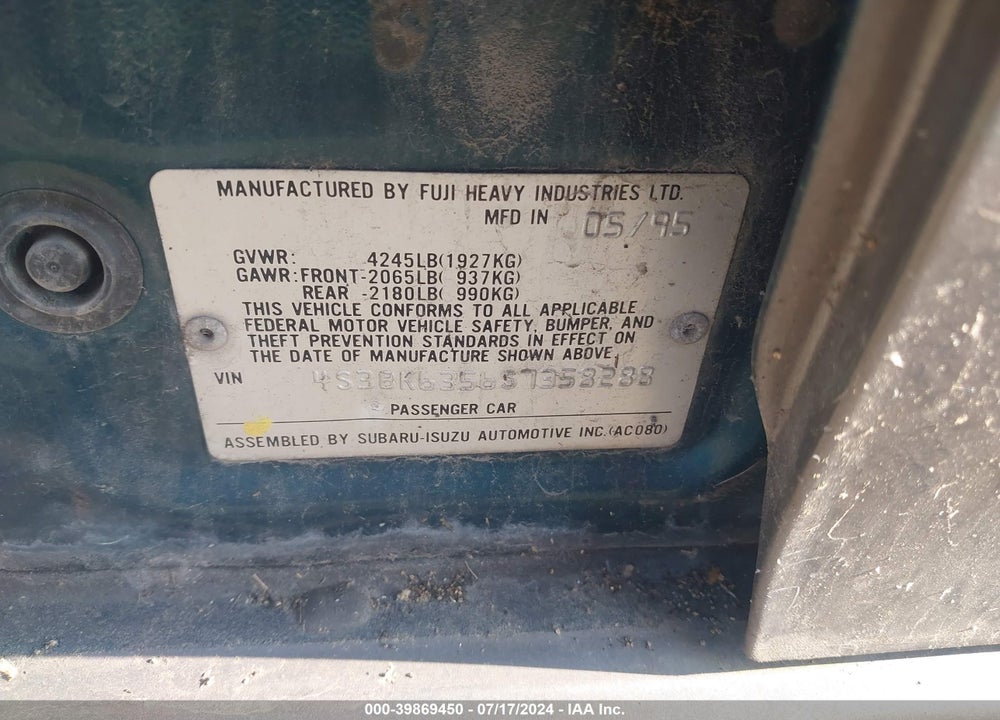 1995 SUBARU LEGACY L/OUTBACK VIN: 4S3BK6356S7358288