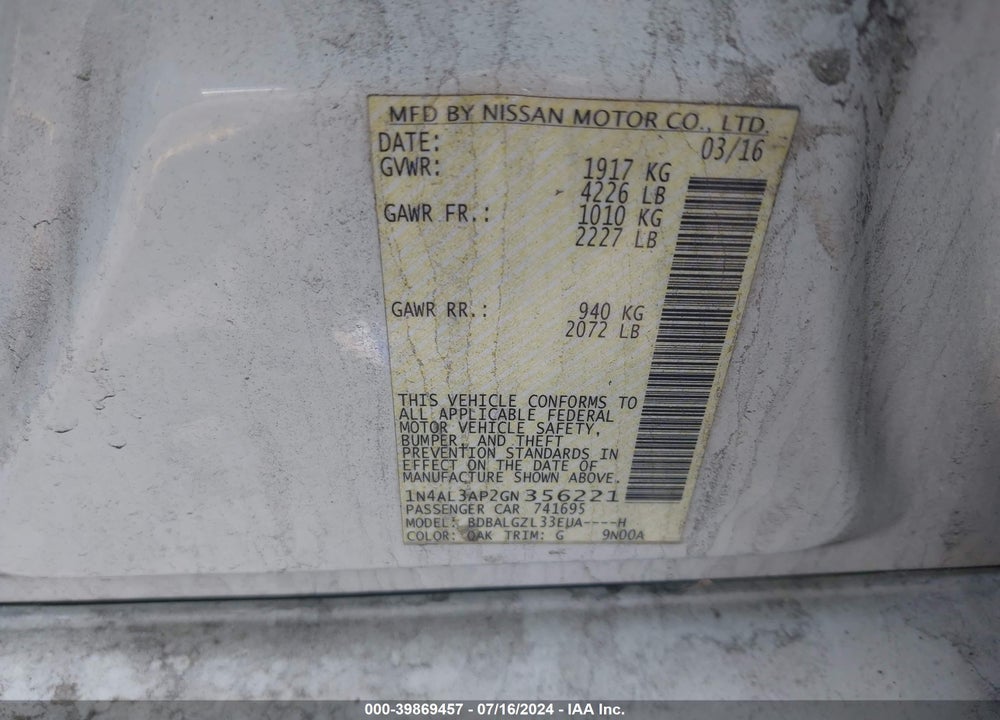 2016 NISSAN ALTIMA 2.5 S VIN: 1N4AL3AP2GN356221