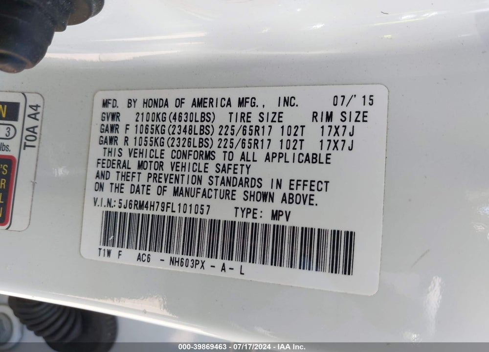 2015 HONDA CR-V EX-L VIN: 5J6RM4H79FL101057