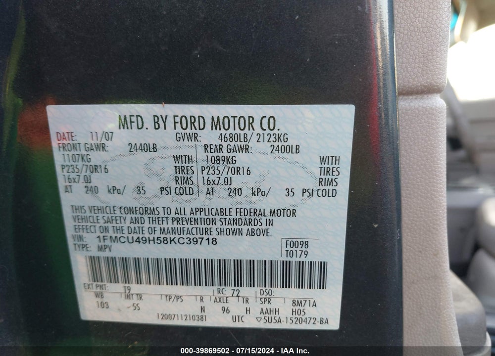 2008 FORD ESCAPE HYBRID VIN: 1FMCU49H58KC39718