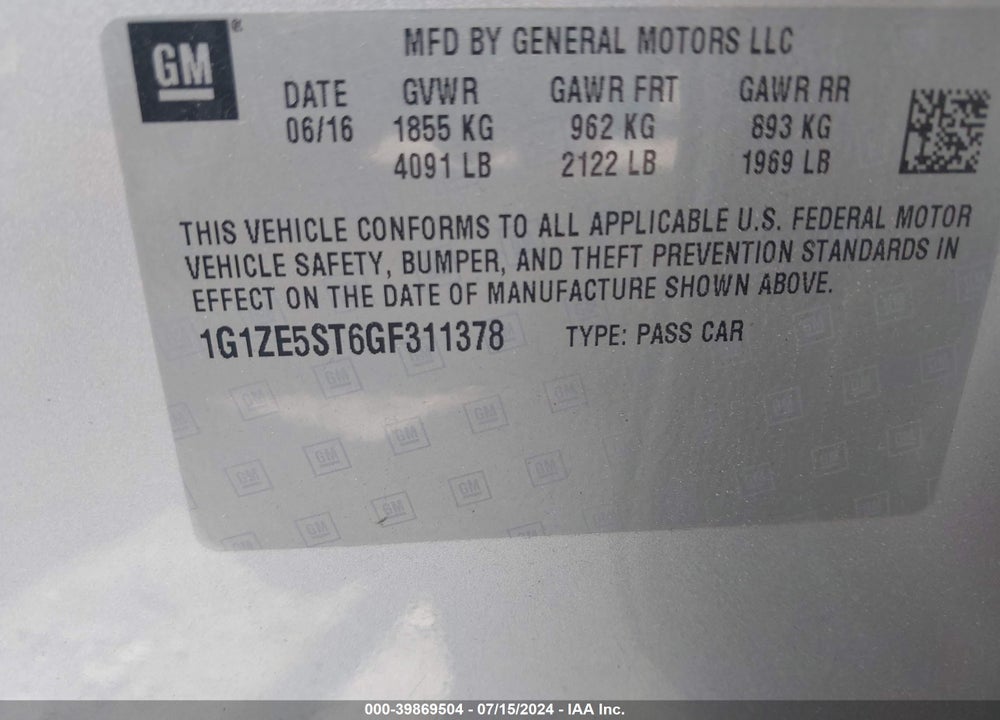 2016 CHEVROLET MALIBU 1LT VIN: 1G1ZE5ST6GF311378