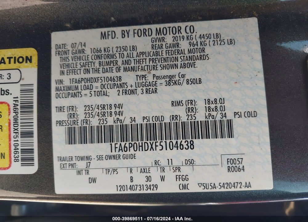 2015 FORD FUSION SE VIN: 1FA6P0HDXF5104638