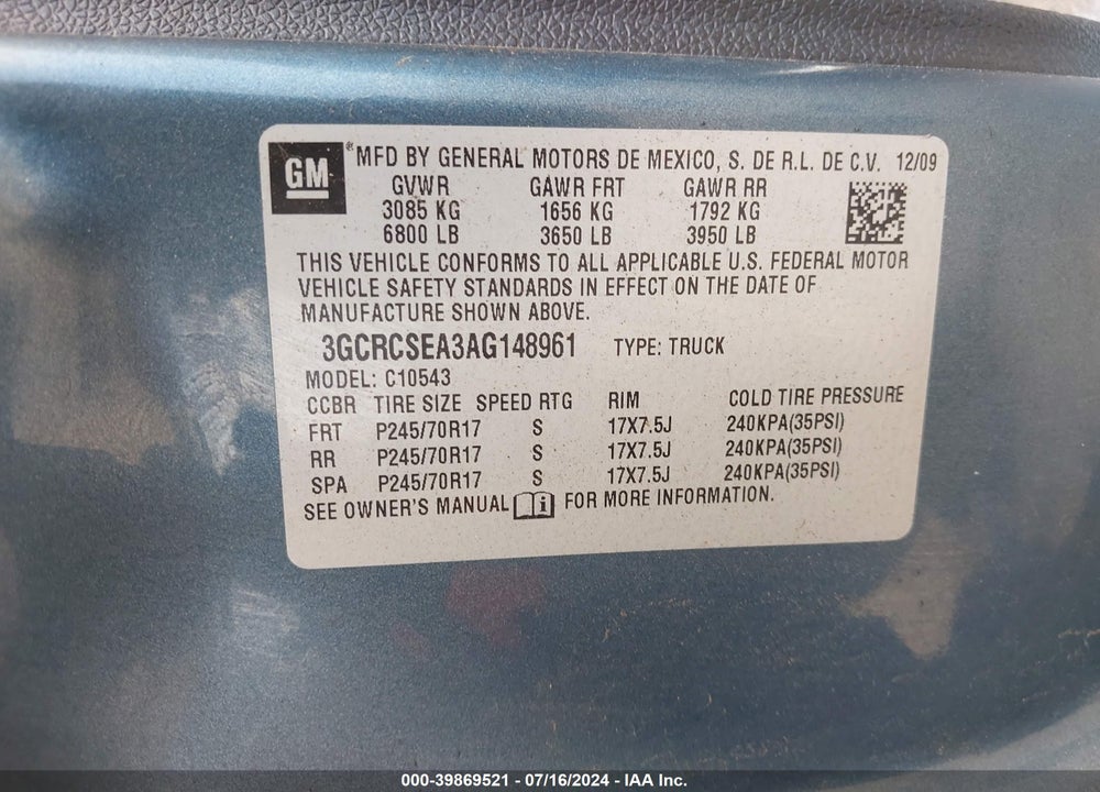 2010 CHEVROLET SILVERADO 1500 LT VIN: 3GCRCSEA3AG148961