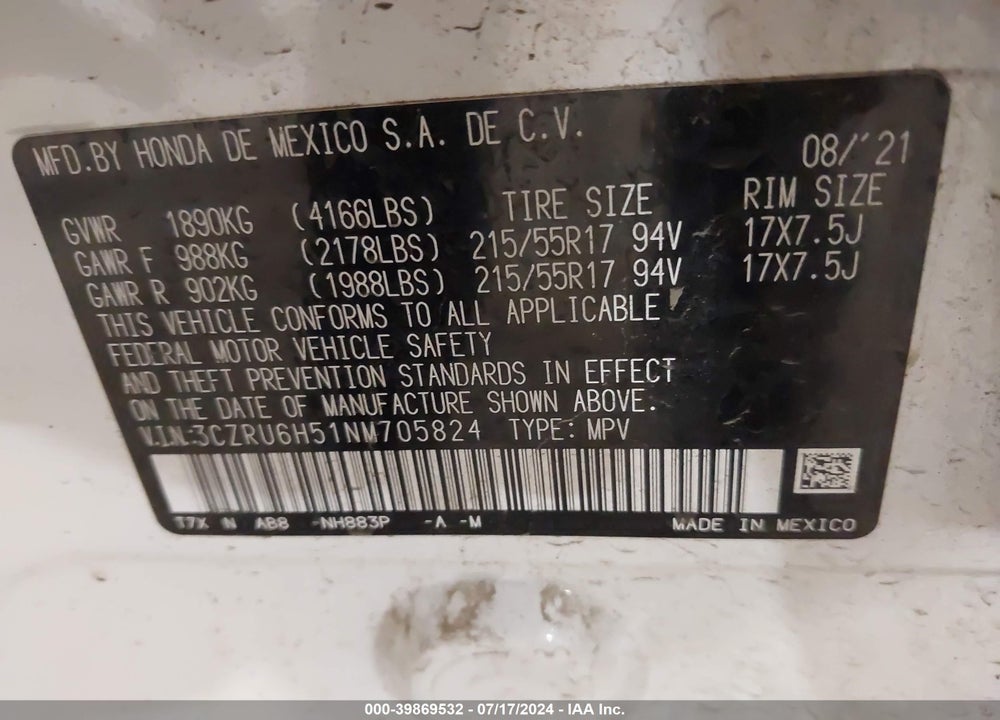 2022 HONDA HR-V VIN: 3CZRU6H51NM705824