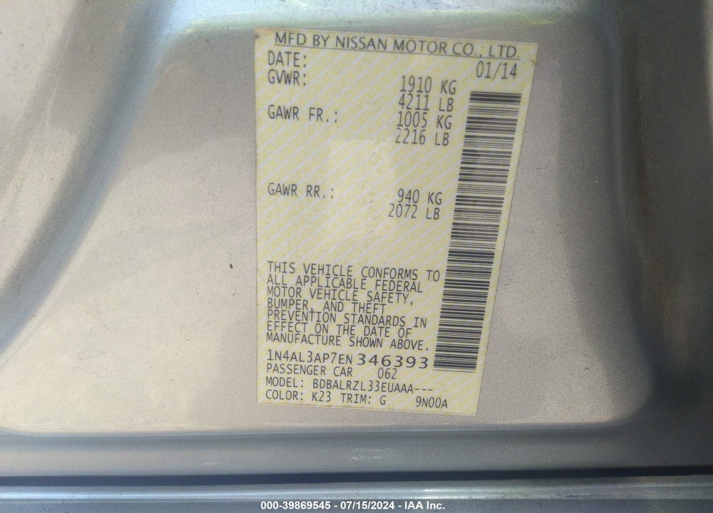 2014 NISSAN ALTIMA 2.5/2.5 S/2.5 SL/2.5 SV VIN: 1N4AL3AP7EN346393