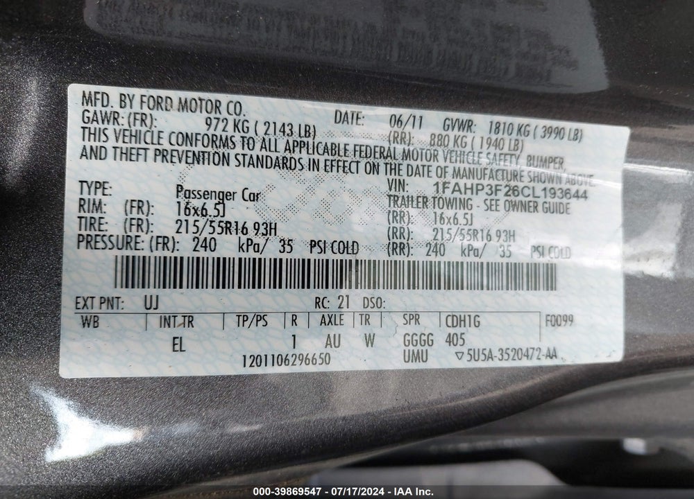 2012 FORD FOCUS VIN: 1FAHP3F26CL193644