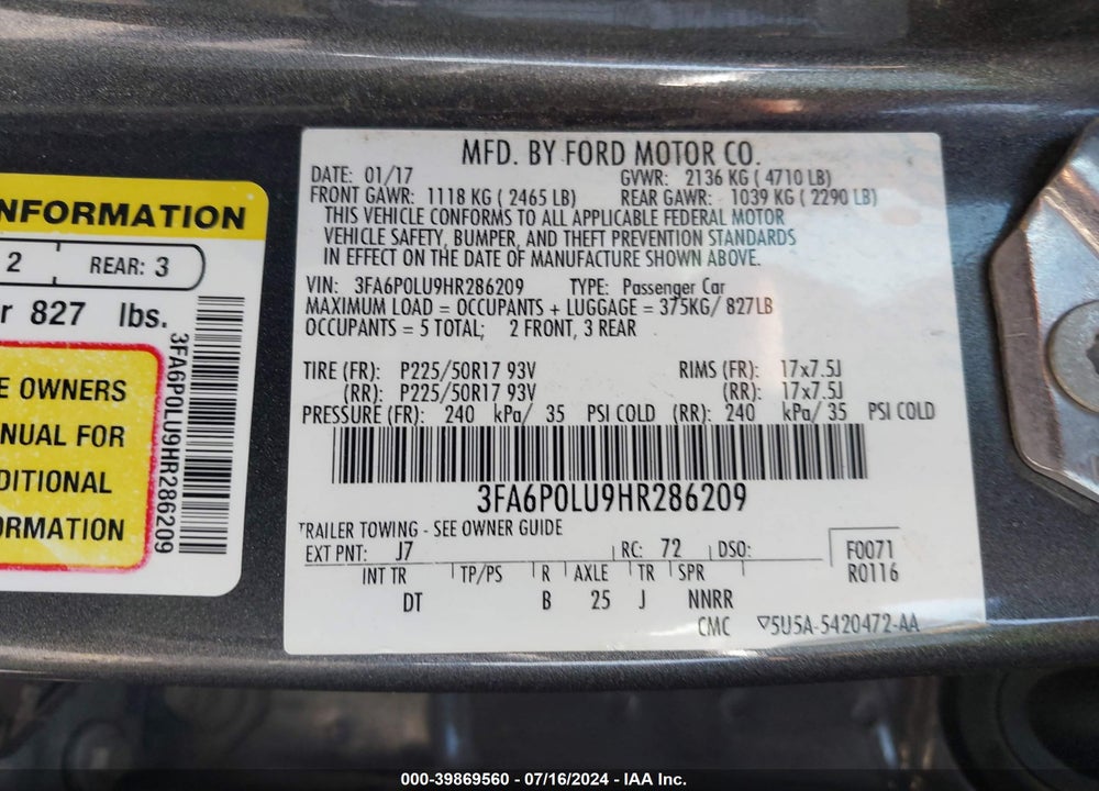 2017 FORD FUSION HYBRID SE VIN: 3FA6P0LU9HR286209