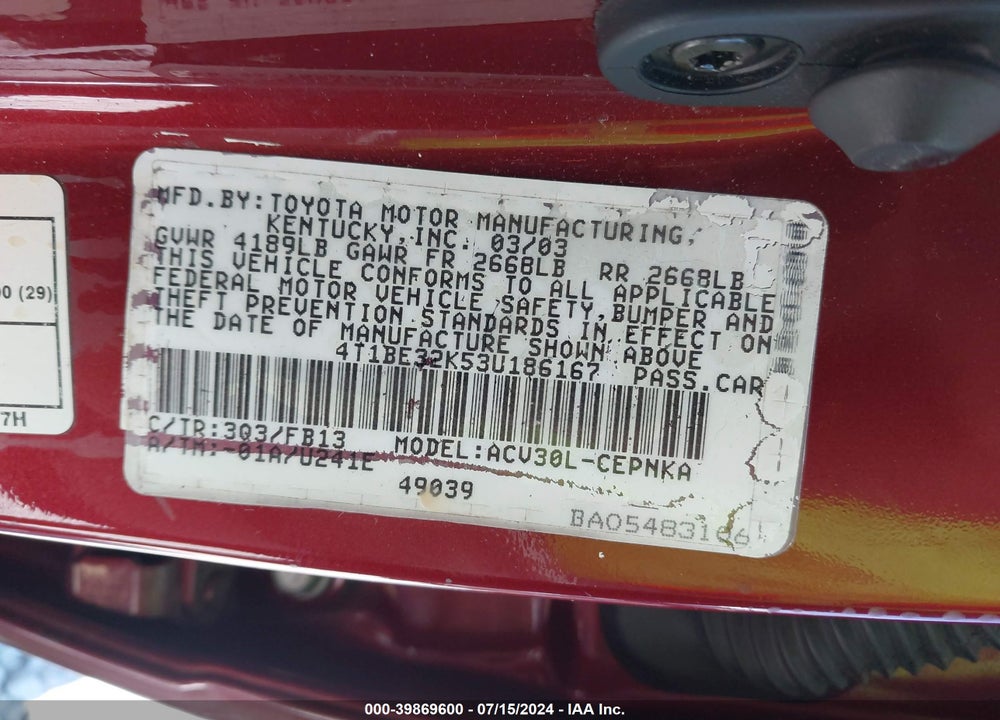 2003 TOYOTA CAMRY VIN: 4T1BE32K53U186167