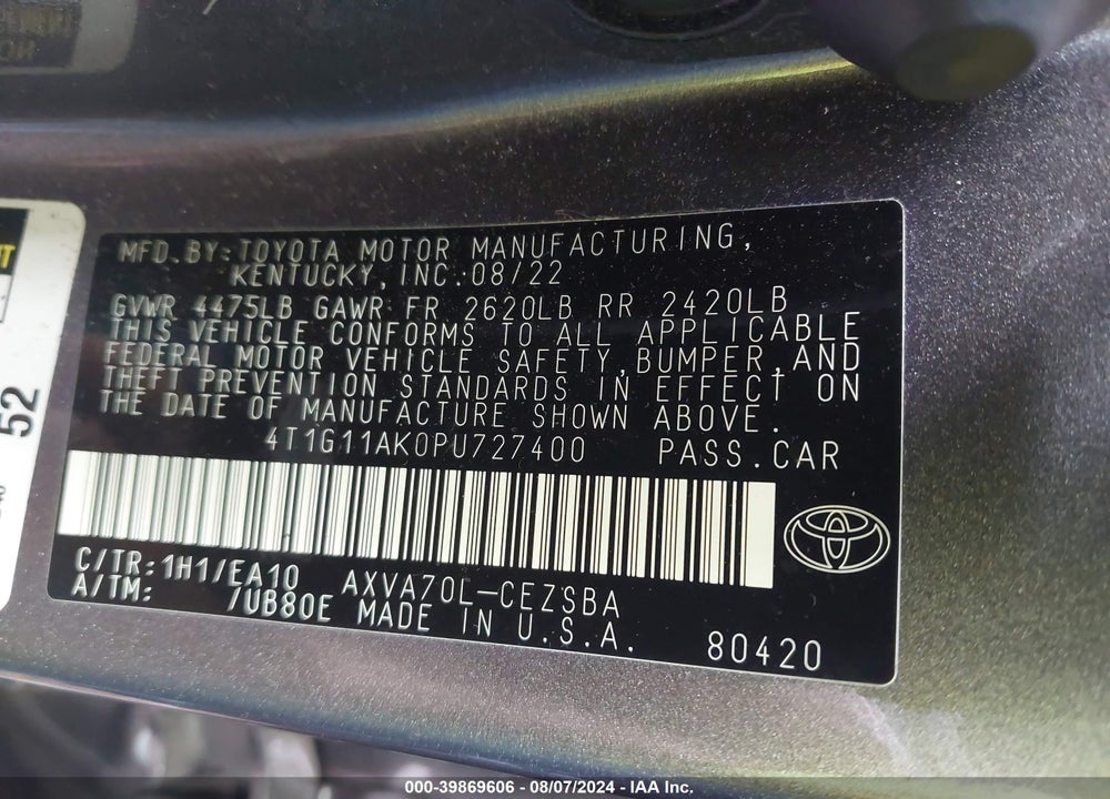 2023 TOYOTA CAMRY VIN: 4T1G11AK0PU727400