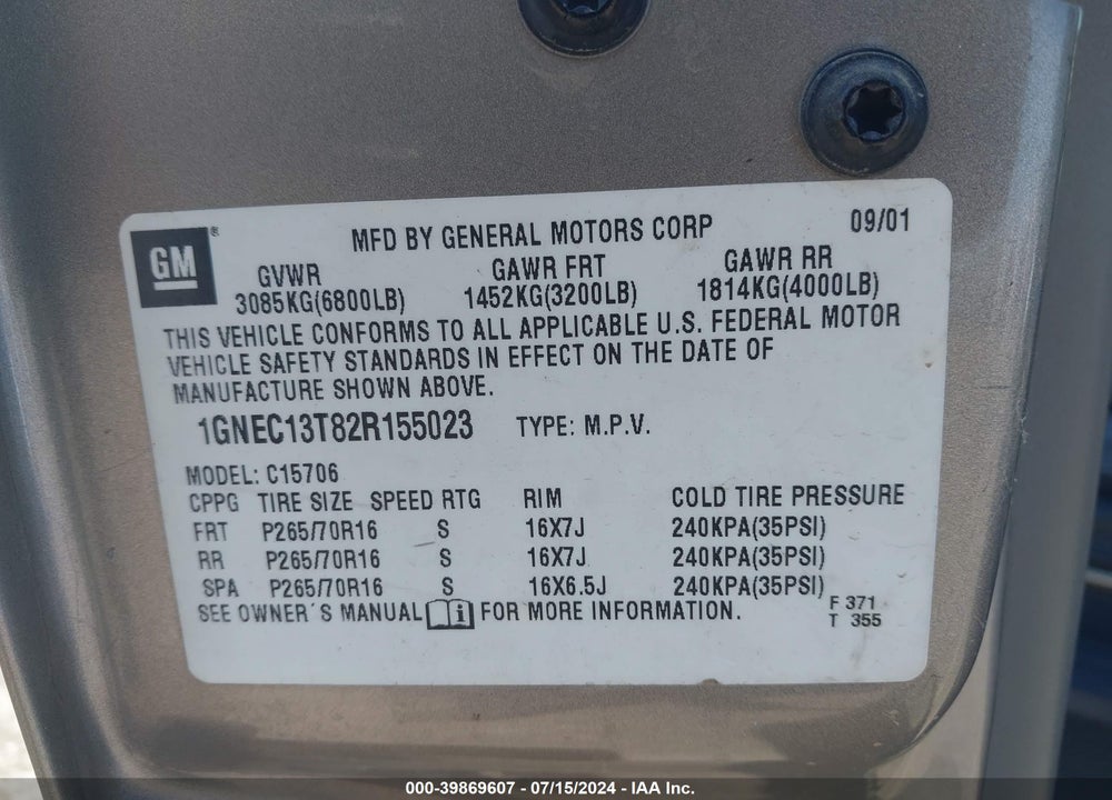 2002 CHEVROLET TAHOE LT VIN: 1GNEC13T82R155023
