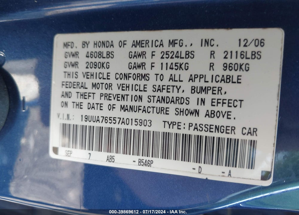 2007 ACURA TL TYPE S VIN: 19UUA76557A015903