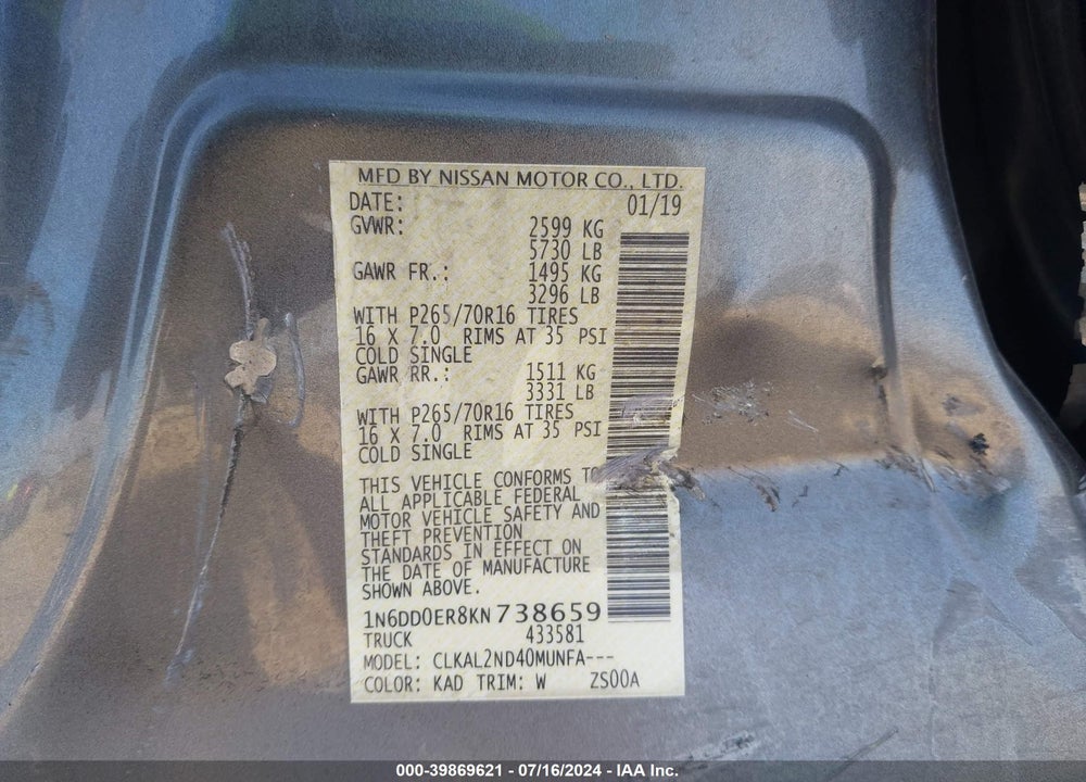 2019 NISSAN FRONTIER SV VIN: 1N6DD0ER8KN738659