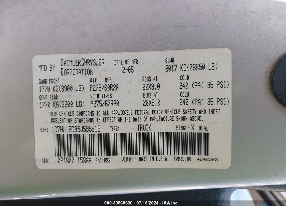 2005 DODGE RAM 1500 VIN: 1D7HU18D85J595515