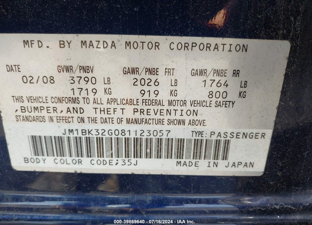 2008 MAZDA 3 I TOURING VALUE VIN: JM1BK32G081123057