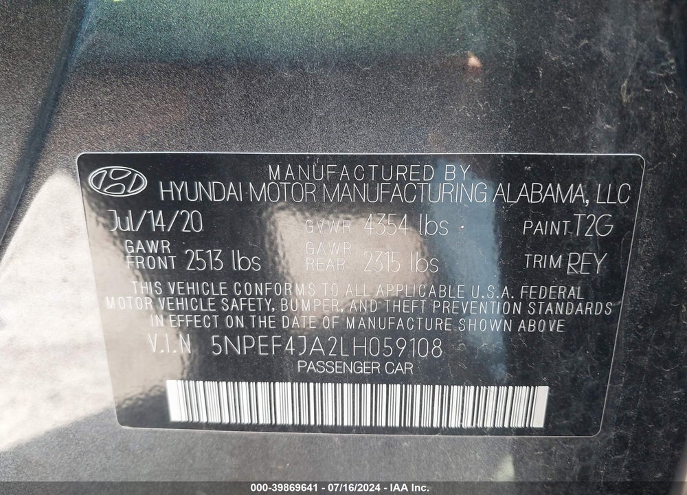 2020 HYUNDAI SONATA SEL VIN: 5NPEF4JA2LH059108