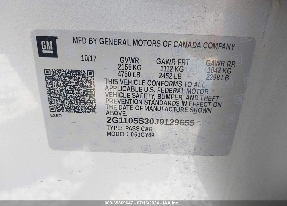 2018 CHEVROLET IMPALA 1LT VIN: 2G1105S30J9129655