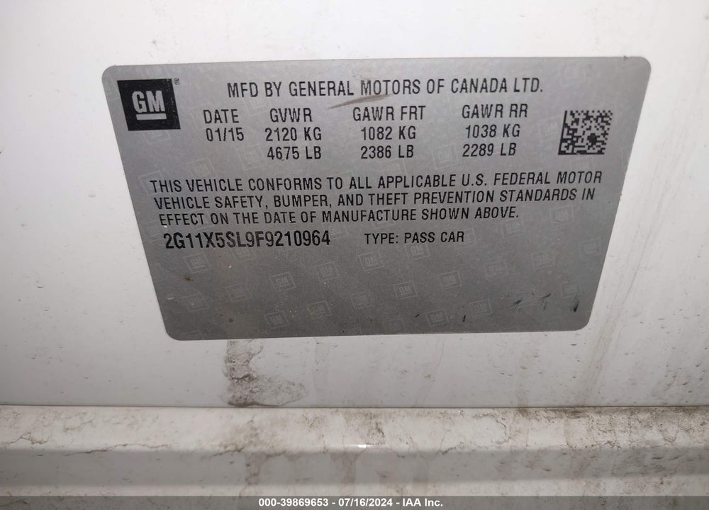 2015 CHEVROLET IMPALA 1FL VIN: 2G11X5SL9F9210964