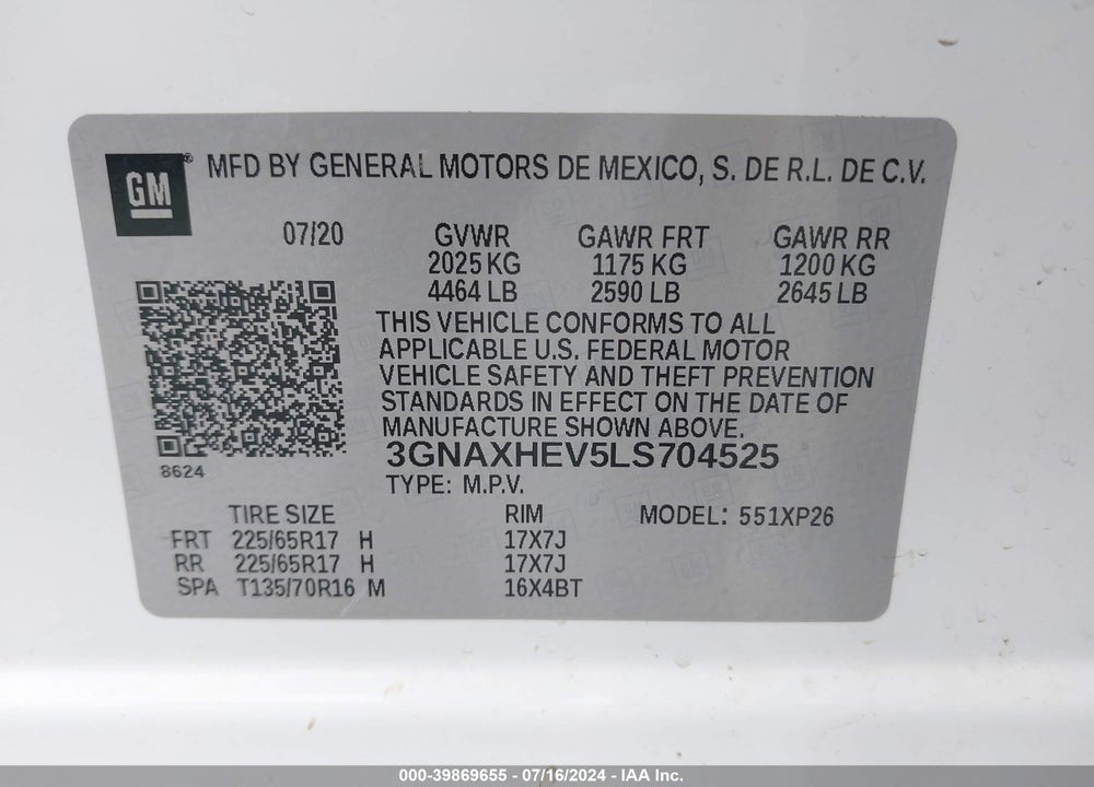 2020 CHEVROLET EQUINOX FWD LS VIN: 3GNAXHEV5LS704525