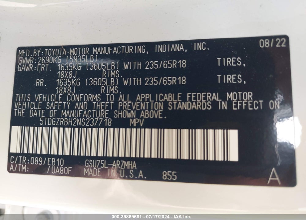 2022 TOYOTA HIGHLANDER XLE VIN: 5TDGZRBH2NS237718