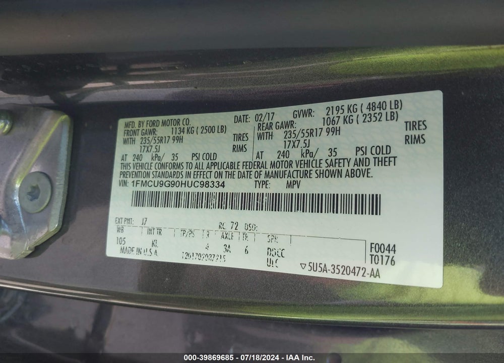 2017 FORD ESCAPE SE VIN: 1FMCU9G90HUC98334